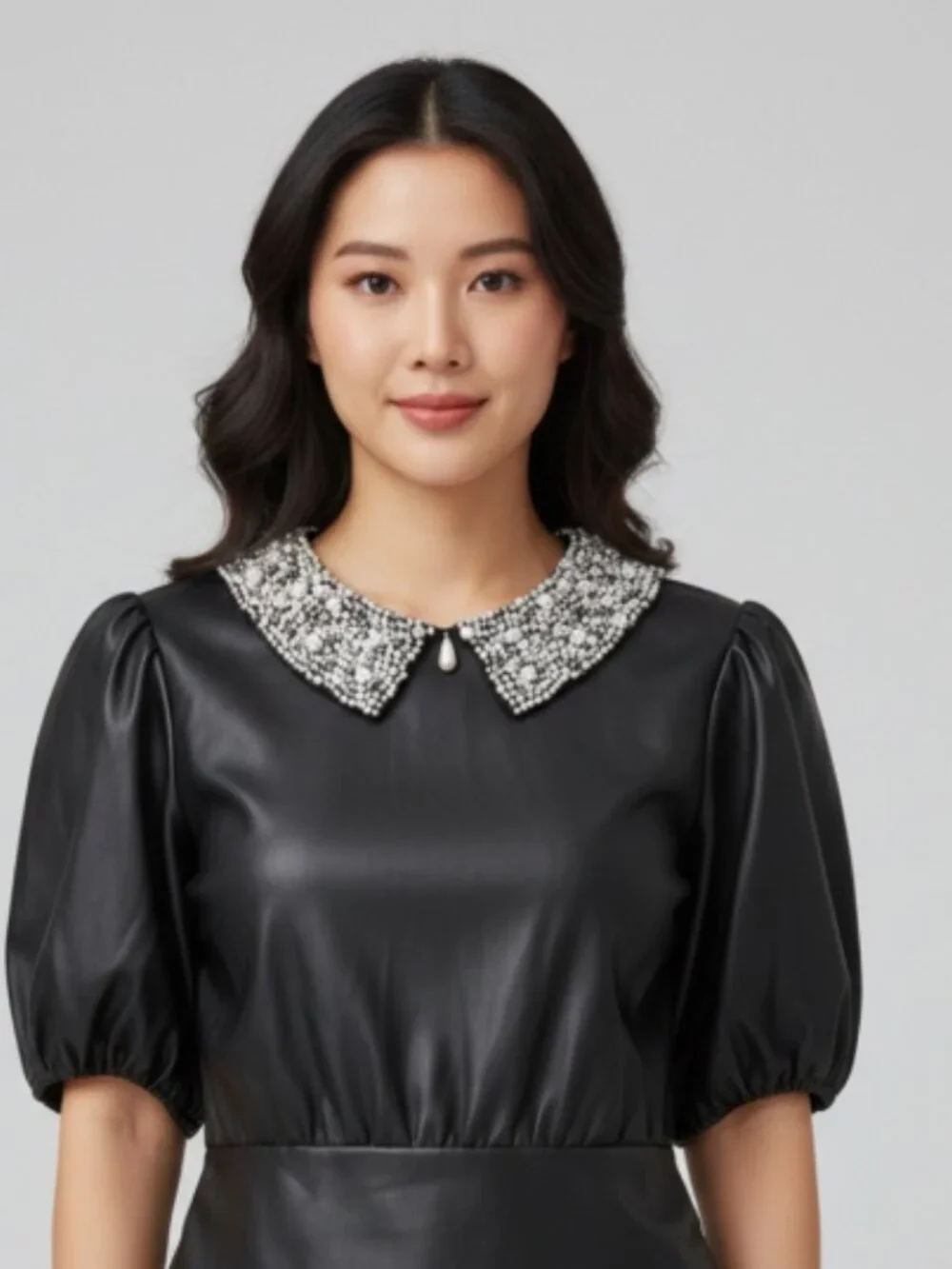 Maeve Faux Leather Puff-Sleeve Blouse - Size Medium